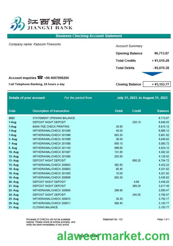 Jiangxi Bank business checking account statement Word and PDF template